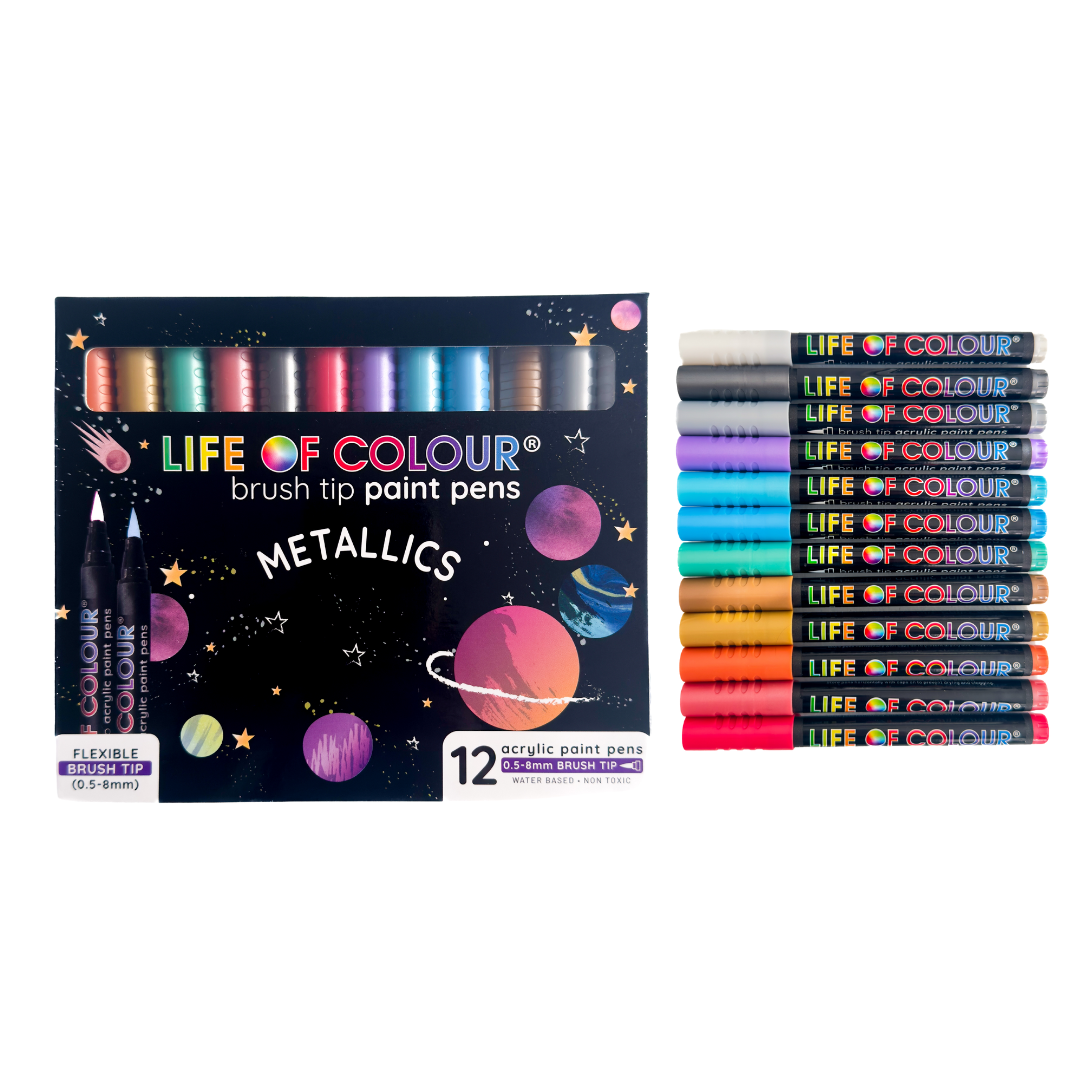 LIFE OF COLOUR Metallic Brush Tip Acrylic Paint Pens - Set of 12 ...
