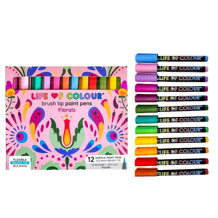 LIFE OF COLOUR Floral Colours Brush Tip Acrylic Paint Pens - Set of 12 ...