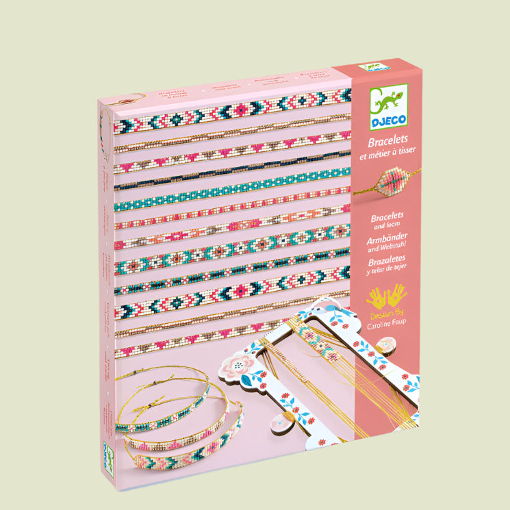 Box of bracelets with colorful patterns on a light purple background
