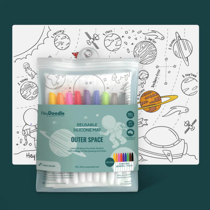Hey Doodle Outer Space colouring mat, with pens.