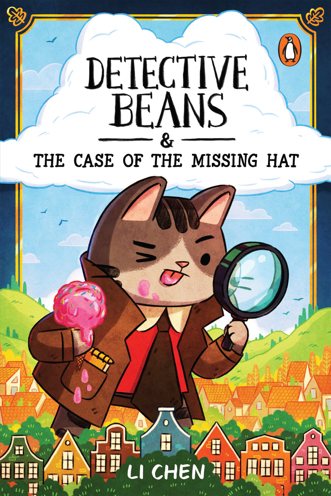 Cover of the graphic novel 'Detective Beans & The Case of the Missing Hat' featuring an illustration of a cartoon kitten detective with a missing hat, holding a magnifying glass, and surrounded by colorful characters and a whimsical setting.