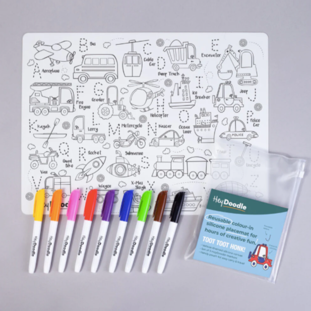 Hey Doodle Hoot Hoot Tonk colouring mat, with coloured pens.